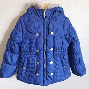 Jessica Simpson Faux Fur Puffer Jacket Hooded Quilted Hearts Blue Little Kid's 4